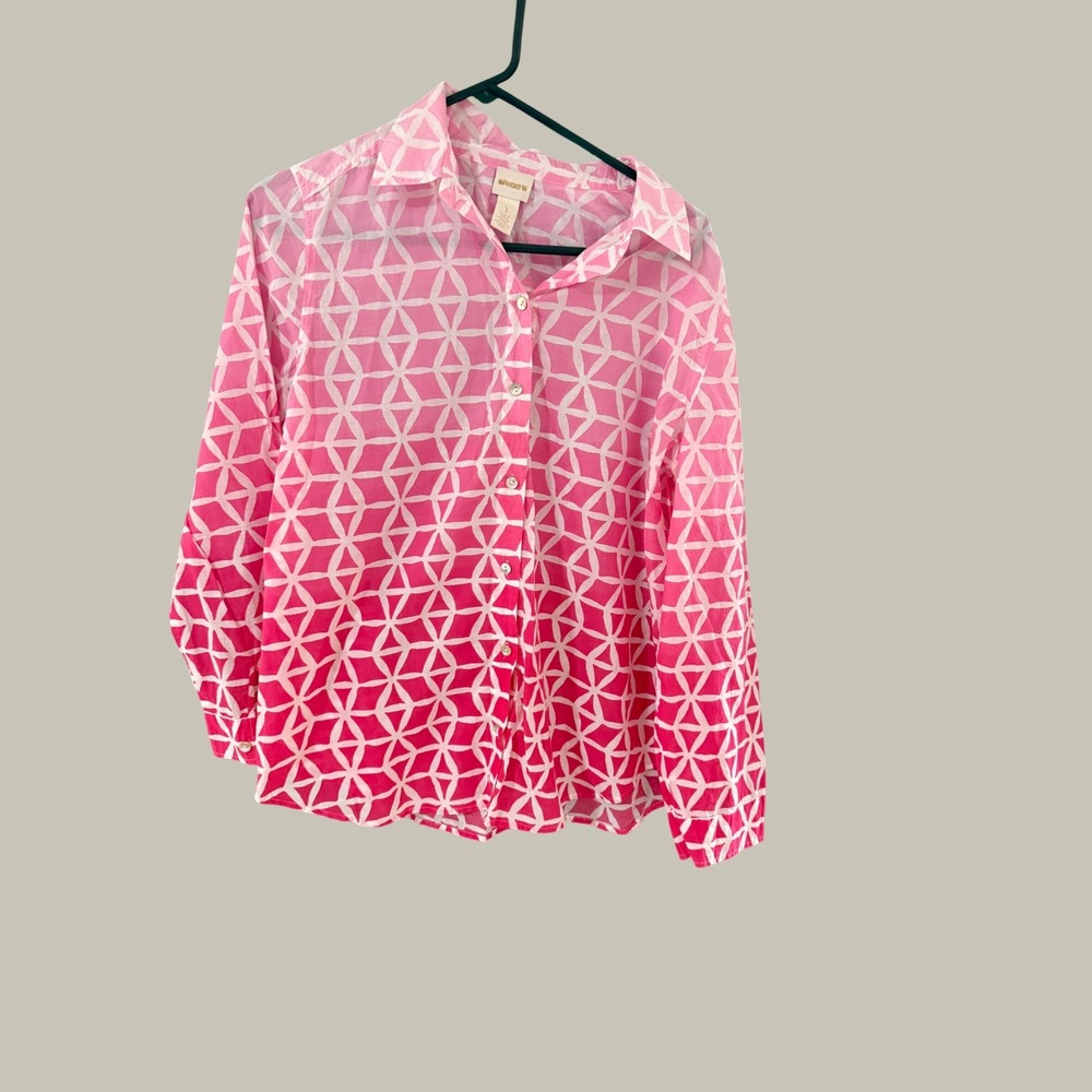 Chicos Pink Ombre Geometric Button Down Shirt Cotton Long Sleeve Size‎ 1 M